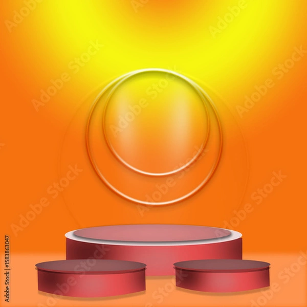 Fototapeta Red Podium Display Set with Vibrant Orange Yellow Light Effect