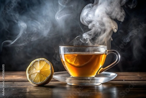 Fototapeta A cup of tea with lemon slice and steam on a wooden table with dark background