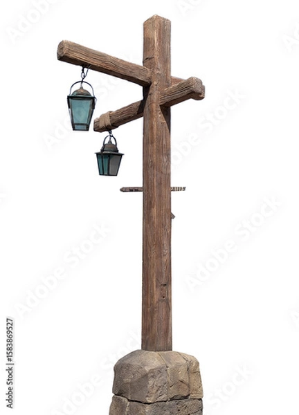Obraz Wooden Lantern Post with Stone Base