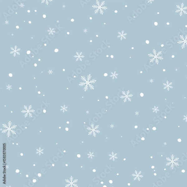 Fototapeta Seamless winter pattern with white snowflakes and falling snow on light blue background. Great for wrapping paper, holiday card, textile print, christmas design, packaging