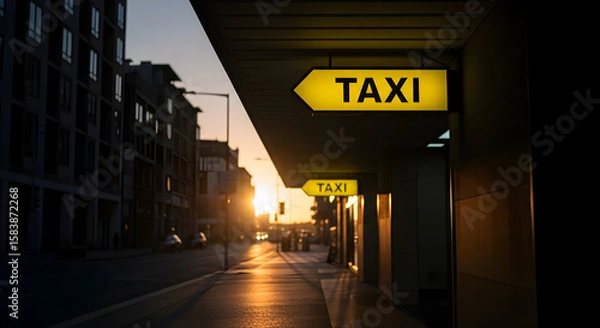 Fototapeta Taxi station at sunset in a city environment with buildings and urban vibes reflecting the golden sunlight on the pavement