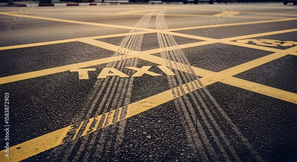 Fototapeta Taxi Zone On An Asphalt Surface Marked With Yellow Lines And Tire Tracks