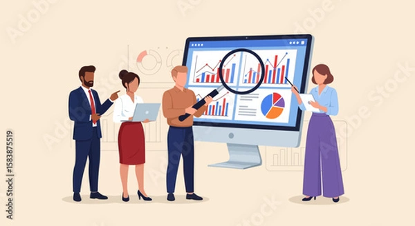 Fototapeta Diverse professional team in a strategic meeting, analyzing performance metrics and market data on a dashboard for business growth.