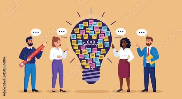 Fototapeta Brainstorming Team Sparking Ideas Collaborative Effort & Sticky Notes Light Bulb Concept for Innovation