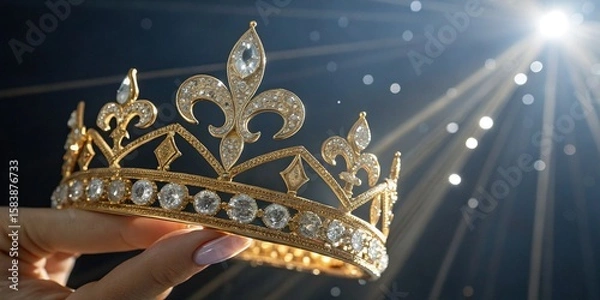 Obraz Opulent Gold Crown Adorned with Sparkling Diamonds held against Dark Background