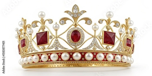 Obraz Exquisite Golden Crown Adorned with Pearls, Rubies, and Diamonds on White Background