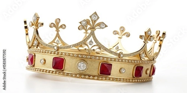 Obraz A magnificent gold crown adorned with rubies and diamonds against a white background