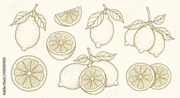 Fototapeta Elegant Lemon Illustration Fresh Citrus Fruit Designs in Detailed Outline Style for Print & Web