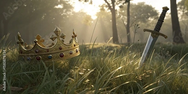 Obraz A King's Legacy Crown and Sword in a Mystical Forest Meadow