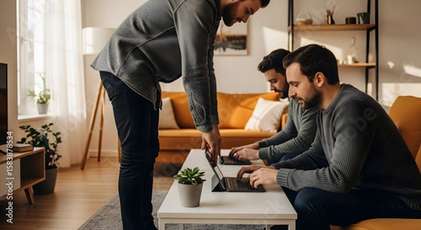 Fototapeta Teamwork In Modern Living Room Young Men Working Together Using Laptops