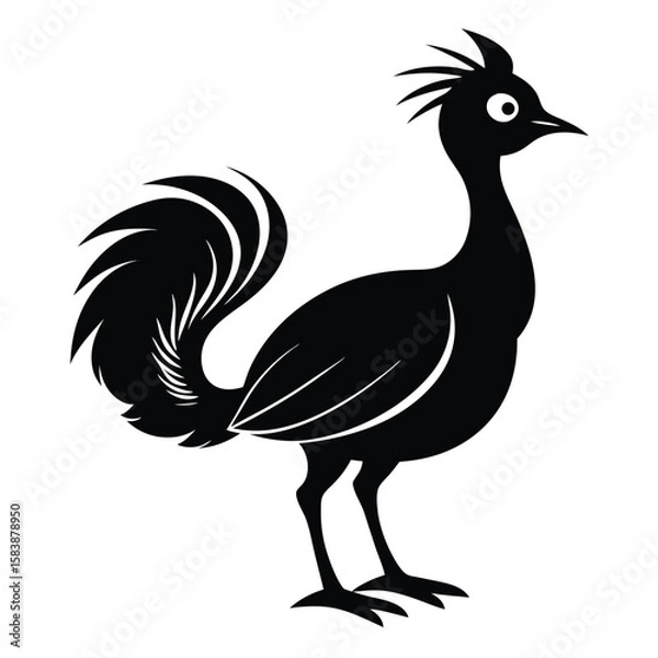 Fototapeta Stylized Black Silhouette of a Junglefowl Resembling a Rooster with Elaborate Tail Feathers and Head Crest