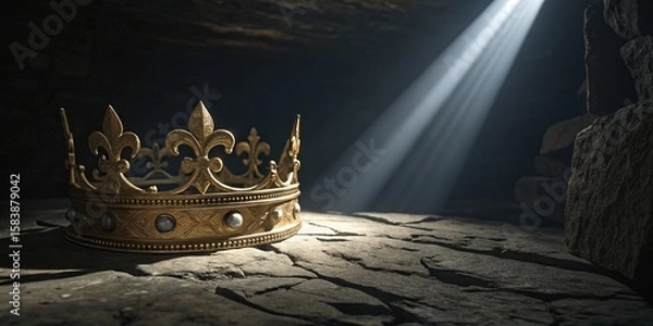 Obraz A Golden Crown Resting in a Dark Cave Under a Beam of Light