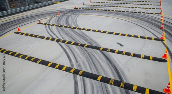 Fototapeta Test Track With Tire Marks And Obstacles For Vehicle Performance Assessment