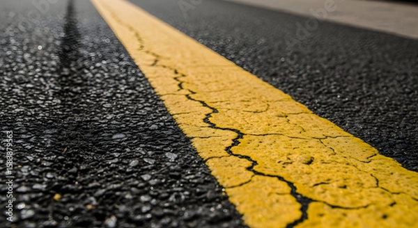Fototapeta Textured asphalt road with a weathered yellow traffic line indicating the direction