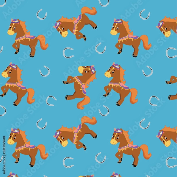 Fototapeta Seamless pattern with cute funny horse and horseshoe