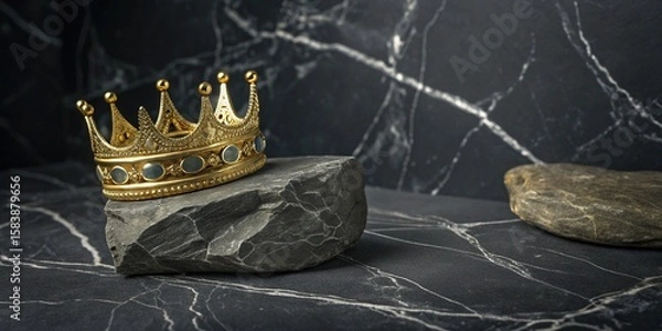 Obraz Golden crown resting majestically on a dark stone, symbol of luxury