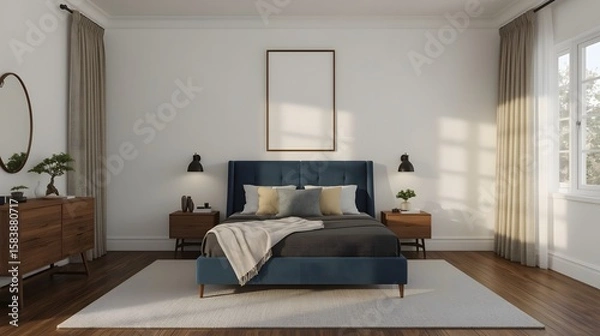 Fototapeta Modern Minimalist Bedroom Interior:  Serene Blue Upholstered Bed, Natural Light, and Neutral Decor.