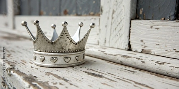 Obraz Silver crown adorned with hearts resting upon a weathered white wooden surface