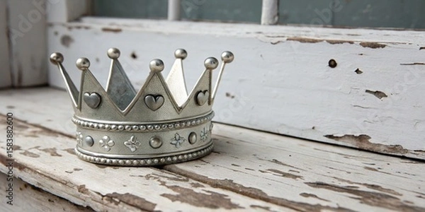 Obraz Silver crown with hearts on weathered white wood creating a vintage vibe