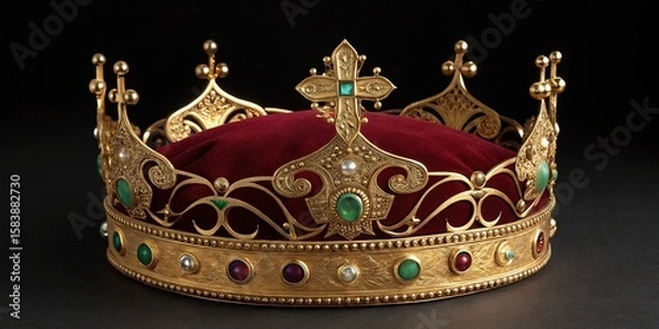Obraz Elaborate golden crown with red velvet cushion and multiple jewels displayed prominently