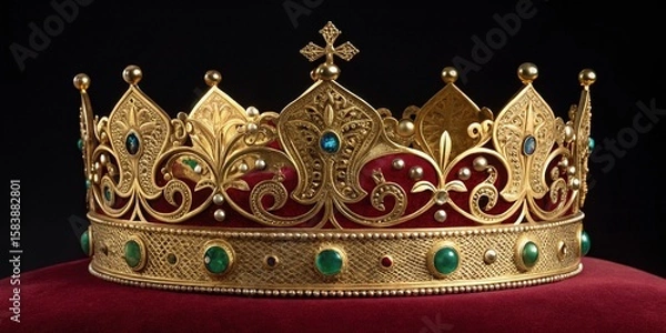 Obraz Elaborately Decorated Golden Crown with Red Velvet and Jewels Detailed Close Up