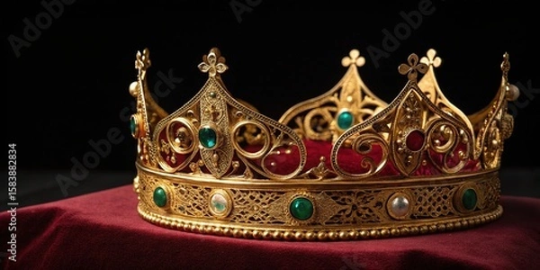 Obraz Elaborate golden crown with precious stones resting on red velvet cloth