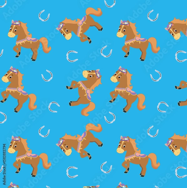 Fototapeta Seamless pattern with cute funny horse and horseshoe