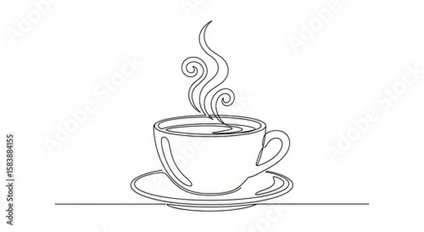 Fototapeta A simple line drawing of a steaming cup of coffee on a saucer, isolated on a white background