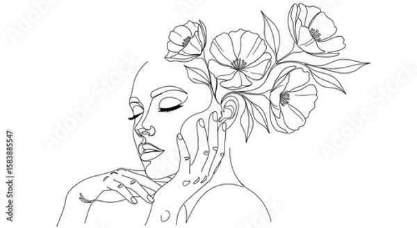 Fototapeta An elegant minimalist line drawing of a womans profile with flowers in her hair