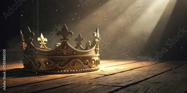 Obraz A majestic golden crown illuminated by divine light on a rustic wooden surface