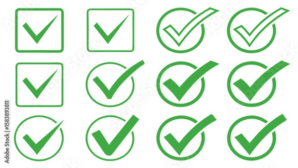 Obraz Green Check Mark Icon Set – Collection of Tick Symbols in Boxes and Circles with Outline and Filled Styles
