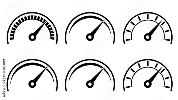 Obraz Speedometer and Gauge Icon Set – Black and White Vector Dials Representing Speed, Performance, and Progress Indicators
