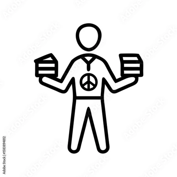 Fototapeta Office worker holding paper stacks with peace symbol and smiling icon for business concept