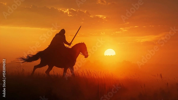 Fototapeta Dark silhouette of a lone rider on horseback with a spear, galloping through a field of tall grass at sunset, with a bright orange and yellow sky and the setting sun in the distance, evoking travel 