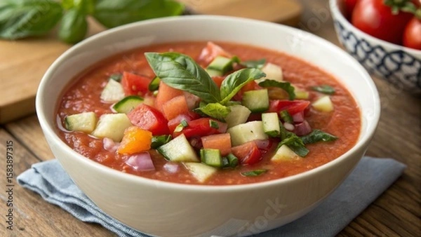 Fototapeta bowl of gazpacho, a healthy summer soup made with diced tomatoes, vegetables, and basil