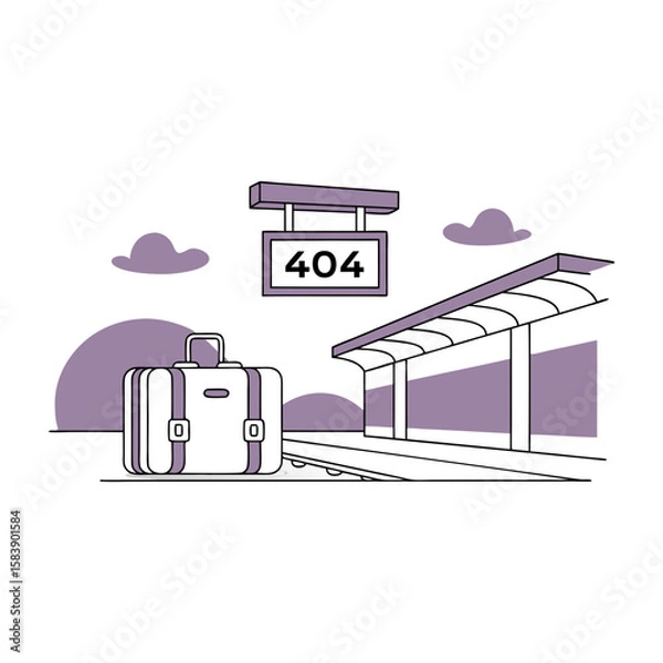 Fototapeta Vector 404 Error Illustration – Empty Train Station Platform with Missing Information Sign
