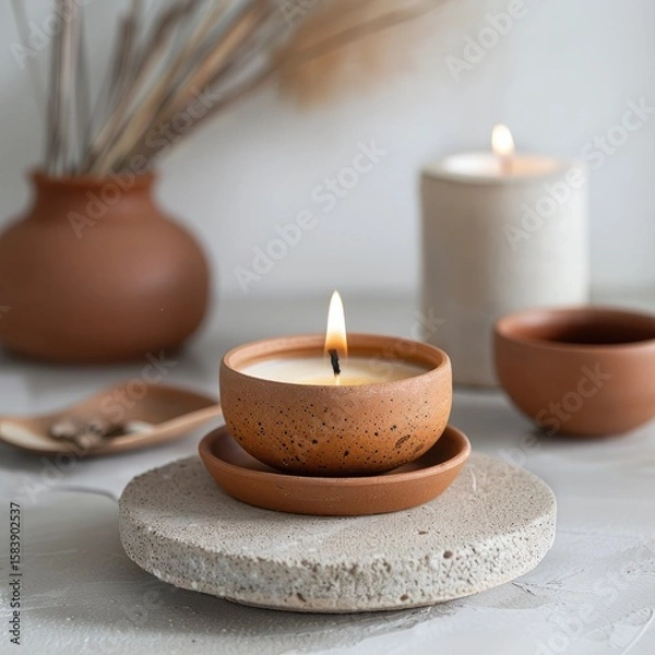 Fototapeta Clay brown candlestick in boho style with burning candle on white table. Home comfort, atmosphere, home design element.