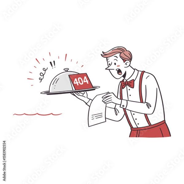 Fototapeta Waiter Reading 404 Menu – Web Page Not Found Concept in Restaurant Style