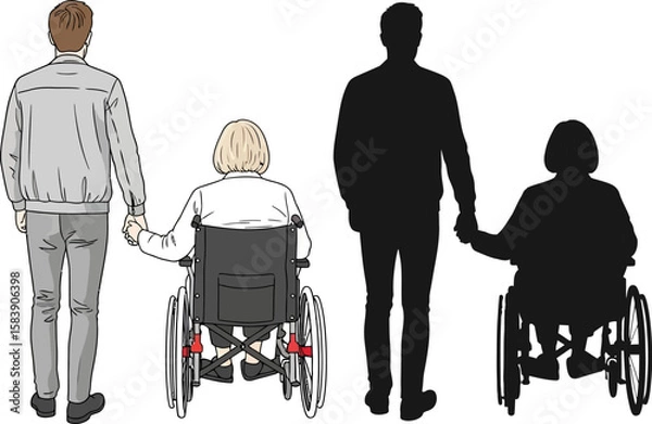 Fototapeta Two couples holding hands with one person in a wheelchair in each pairing