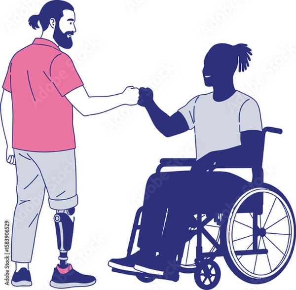 Fototapeta Two men one with a prosthetic leg and one in a wheelchair fist bumping
