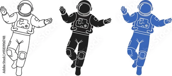 Fototapeta Astronaut in three styles floating and waving hands in space exploration