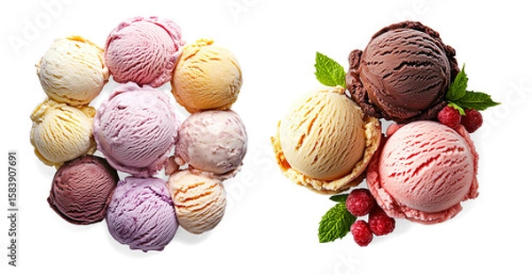 Obraz Colorful and Appetizing Variety of Ice Cream Scoops in a Circular Arrangement on Transparent background