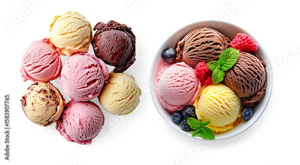 Obraz Colorful and Appetizing Variety of Ice Cream Scoops in a Circular Arrangement on Transparent background