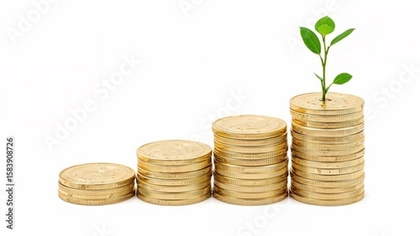 Fototapeta Four Stacks Gold Coins Ascending Growth Plant Sprout Top White Background stacks of coins coin stacks