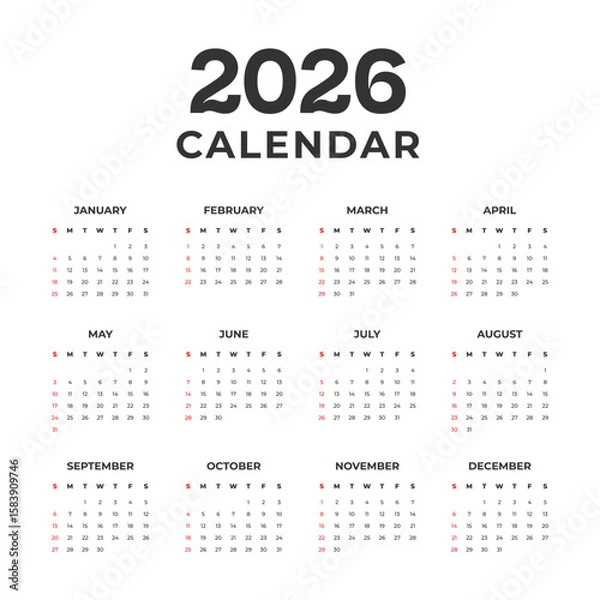 Fototapeta 2026 calendar grid vector template