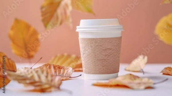 Fototapeta Eco-friendly paper coffee cup with latte on white tabletop surrounded by orange and yellow autumn leaves. Autumn background, mood, hot drink in cold weather