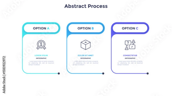 Fototapeta Three paper white rectangular elements placed in horizontal row. Concept of 3 steps of business development process. Simple infographic design template. Modern linear vector illustration for report.