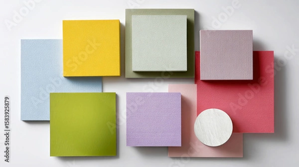 Fototapeta Samples of colored textured paper in pastel shades, located on a white background. Note paper. Ideal for design, creative ideas
