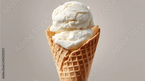 Fototapeta Delicious creamy vanilla ice cream scoops in a crisp waffle cone on a minimalist background