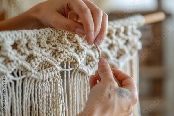 Fototapeta Close-up of hands tying macrame knots with thick cotton cord. Handmade boho wall decor in progress, showcasing detailed craftsmanship and natural textures in a cozy setting